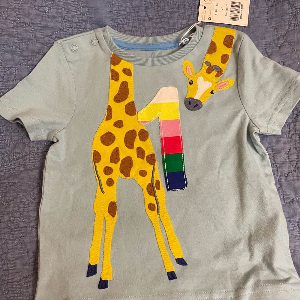 Mini Boden Light Blue Tee with Colorful Accents Giraffe 1-2yr NWT